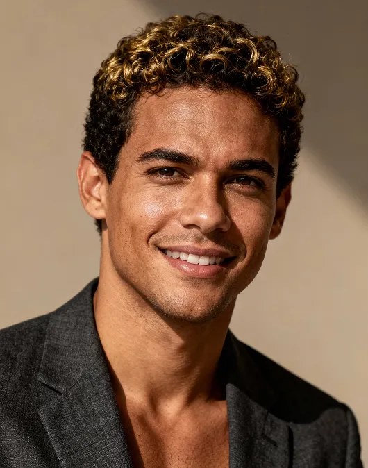 Young man with curly dark hair with blonde highlights smiling, wearing a dark gray blazer.