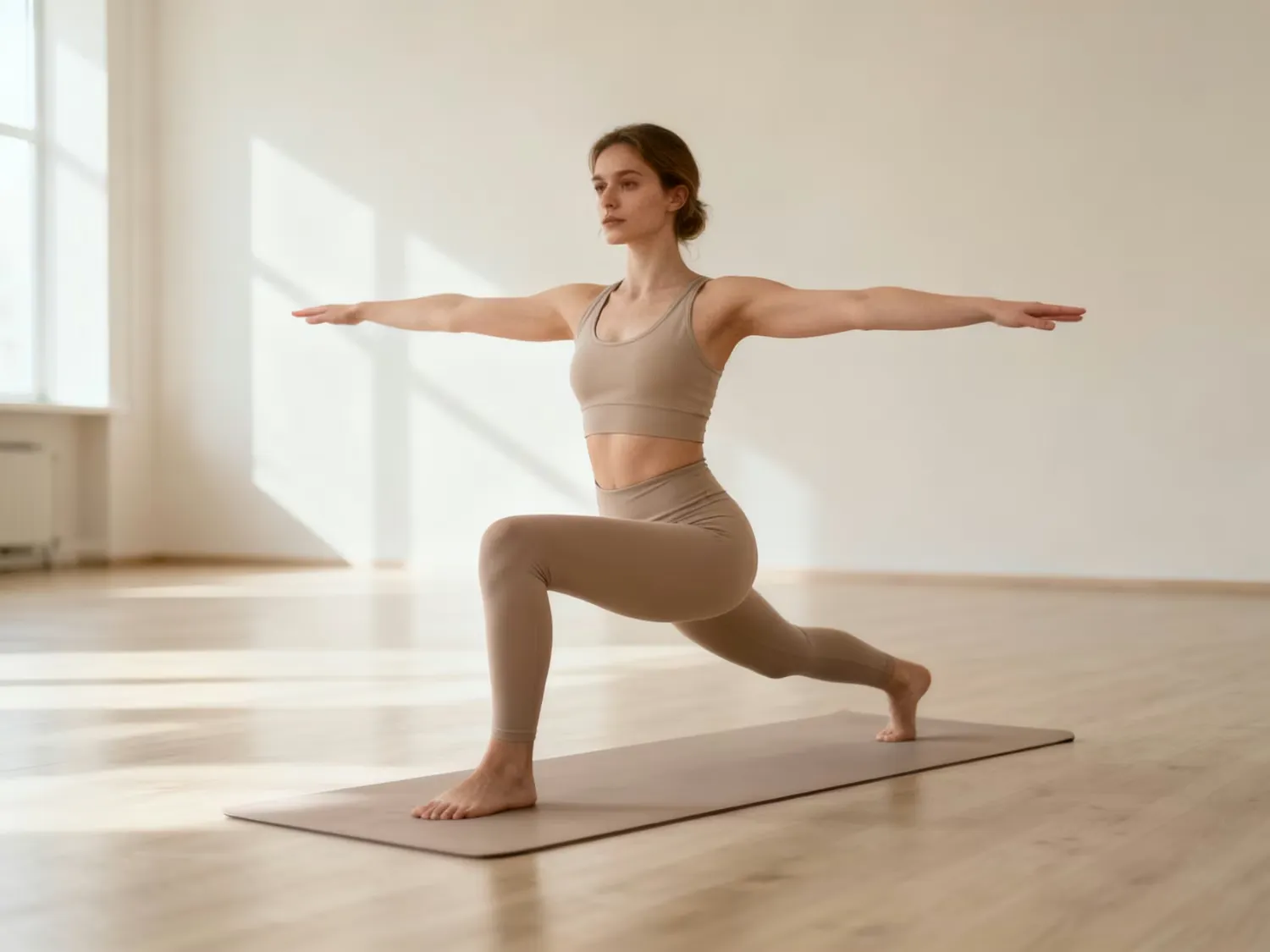 Woman in beige activewear performing a yoga warrior pose on a mat in a bright, minimalist room.